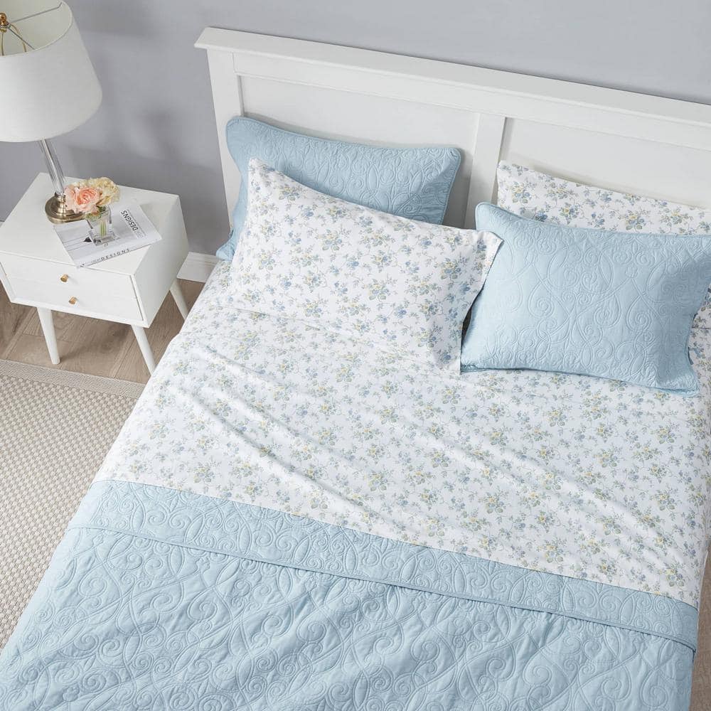 Queen Size Cottage Blue Floral Cotton Flannel Sheet Set