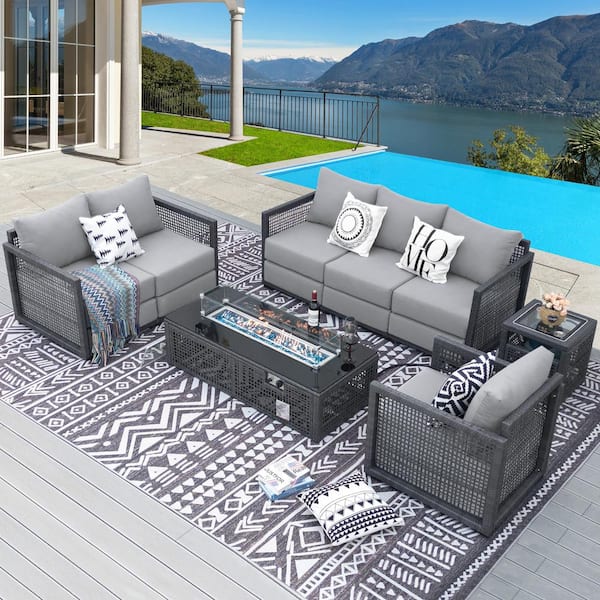 NICESOUL 5 Piece Luxury Gray Wicker Patio Fire Pit Deep Seating