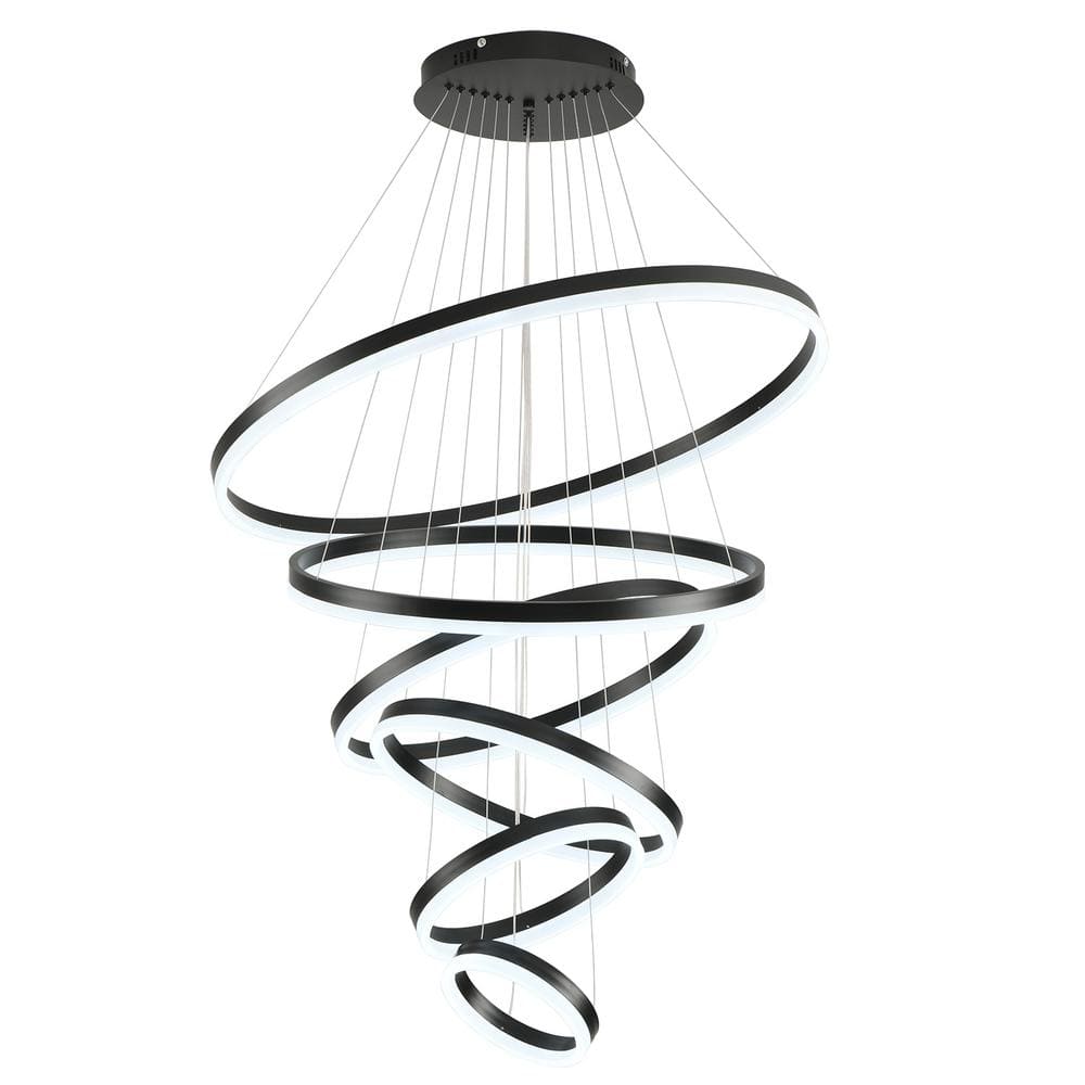 6-Lights High Ceiling Black Chandelier, Dimmable Integrated LED 6-Rings Mod