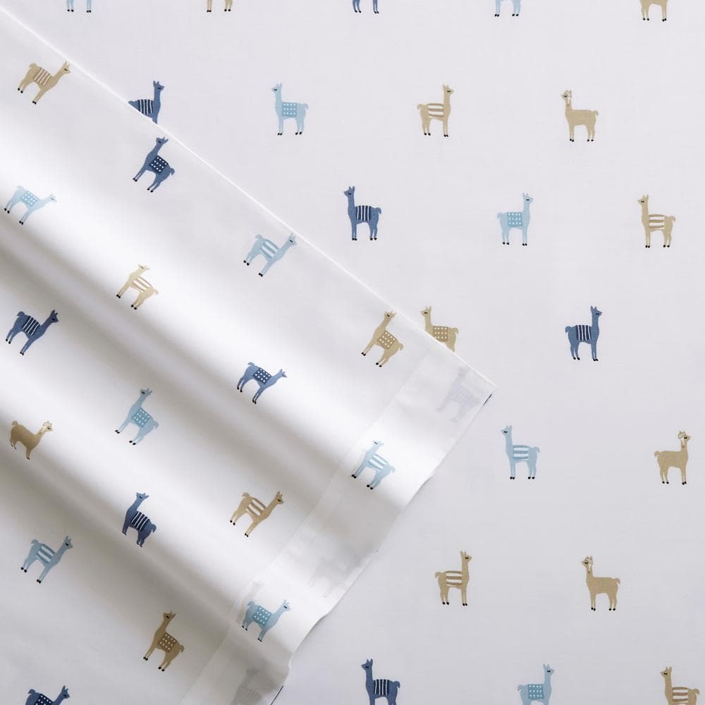 Twin XL Blue Percale Cotton Llama Sheet Set