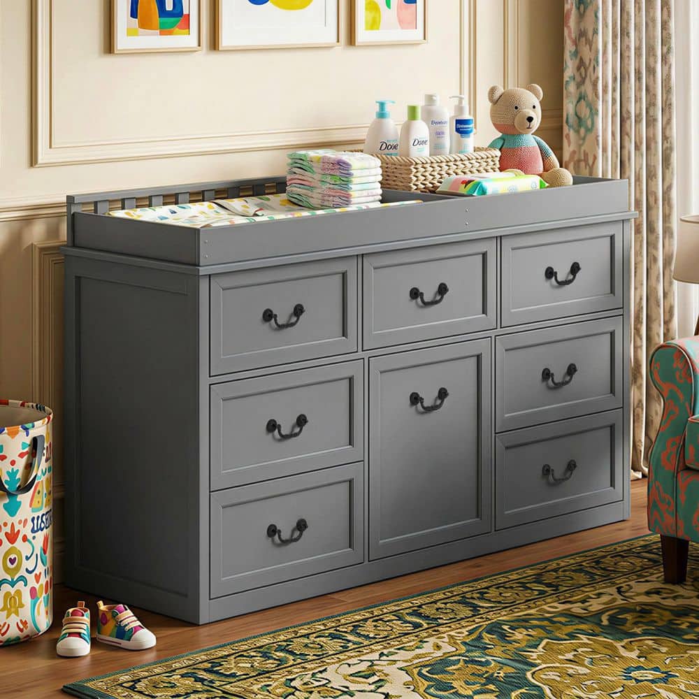 58.7 in. W Gray Pine Wood Kids Dressers, Dressers, Changing Table with 7 Drawers, Open Shelf and Cabinet Storage price history on PriceWatchPro