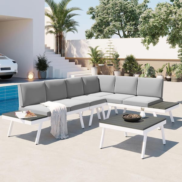 ANGELES HOME 5-Piece Aluminum Patio Conversation Set with Grey Cushions, End Tables, Coffee Table and Furniture Clips, White Frame
