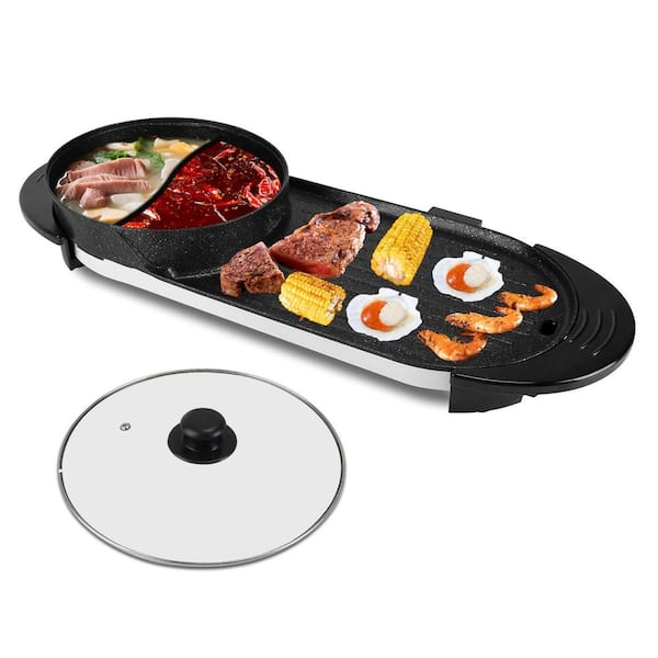 Aoibox 9.84 sq. in. 2-In-1 Black Electric Hot Pot BBQ GRill with Independent Temperature Control and 5 Gears Firepower
