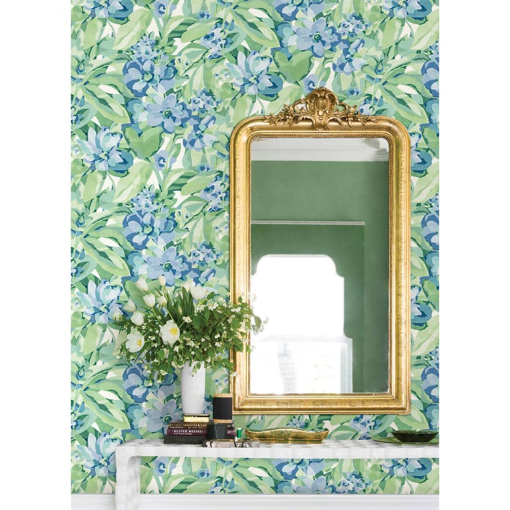 Heather Green and Blue Vinyl Floral Peel and Stick Wallpaper