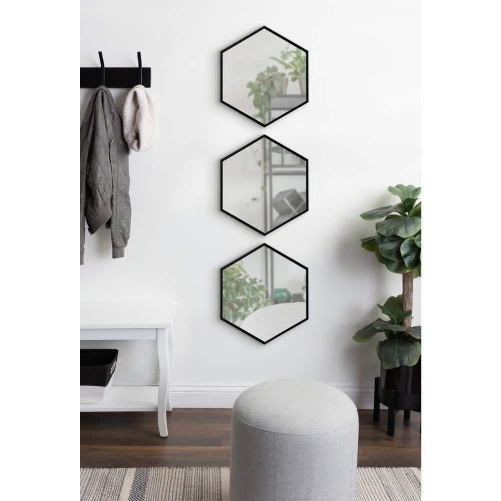Black Hexagon Wall Mirror Set, 3 Pieces, 14x16