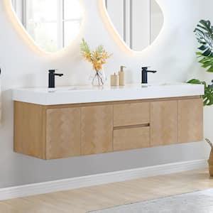 Siena 72 in. W Double Sink Floating Bath Vanity in Light Brown with White Stone Top