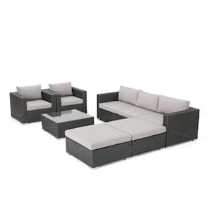 Santa Rosa Gray 8-Piece Faux Rattan Patio Conversation Set with Silver Water-Resistant Cushions