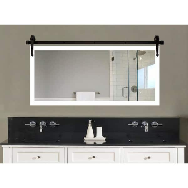 (51 in. W x 30 in. H) Satin White Accent Mirror with Steel Barn Door Rail