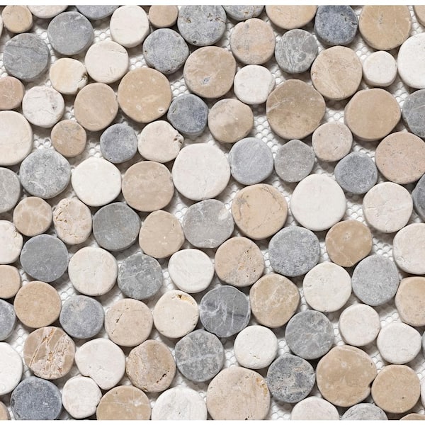CRUZ BAY STUDIO Stone Penny Rounds Tan, White and Grey 4 in. x 6 in. Honed Marble Mesh-Mounted Mosaic Tile Sample (0.67 sq. ft./Each)