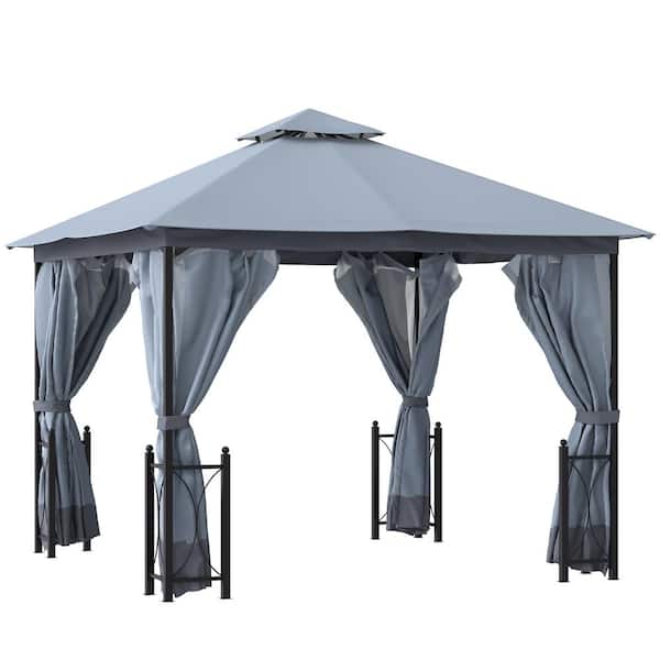 Outsunny 13 ft. x 11 ft. Patio Grey Gazebo Canopy Garden Tent Sun Shade, Outdoor Shelter with 2 Tier Roof, Netting and Curtains
