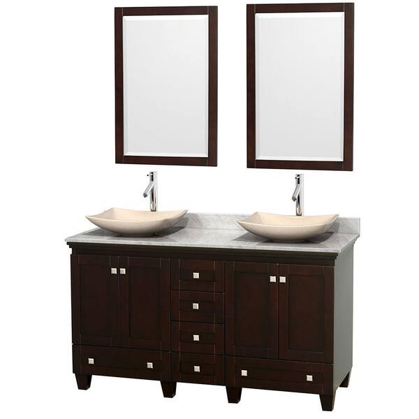 Wyndham Collection Acclaim 60 in. W Double Vanity in Espresso with Marble Vanity Top in Carrara White, Ivory Sinks and 2 Mirrors