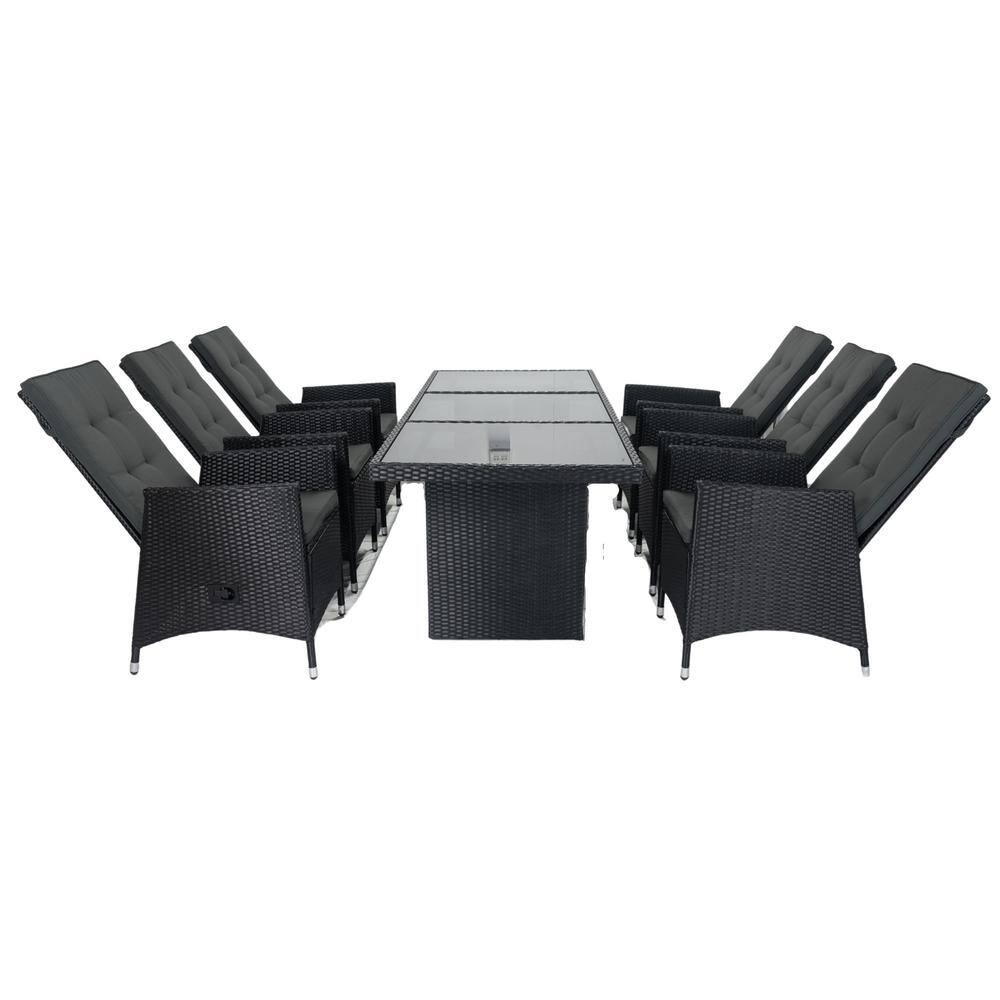 7 Piece Adjustable Backrest Black Wicker Outdoor Dining Set with Dark Gray 