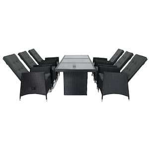 7 Piece Adjustable Backrest Black Wicker Outdoor Dining Set with Dark Gray Cushions, for Patio, Garden and Backyard