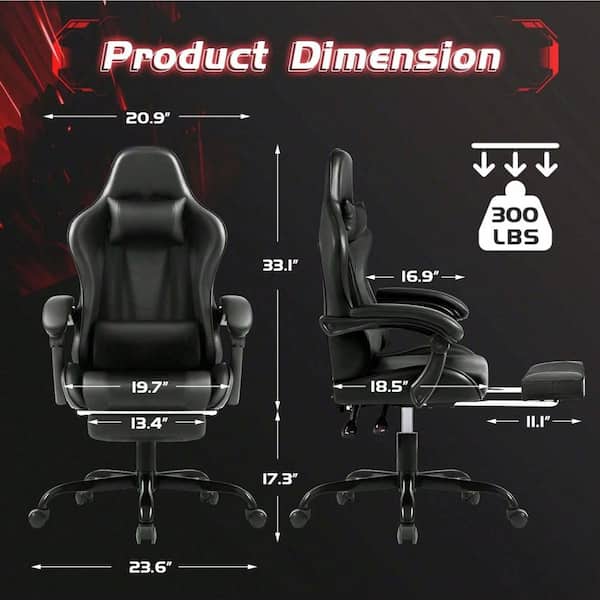 Polyurethane Height Adjustable Footrest Massage Lumbar Support Ergonomic Gaming Chair in Black with Adjustable Arms