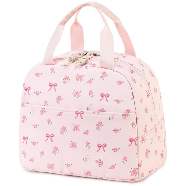10.6 in Insulated Lunch Bag Large Capacity Pink Floral Bow Print
