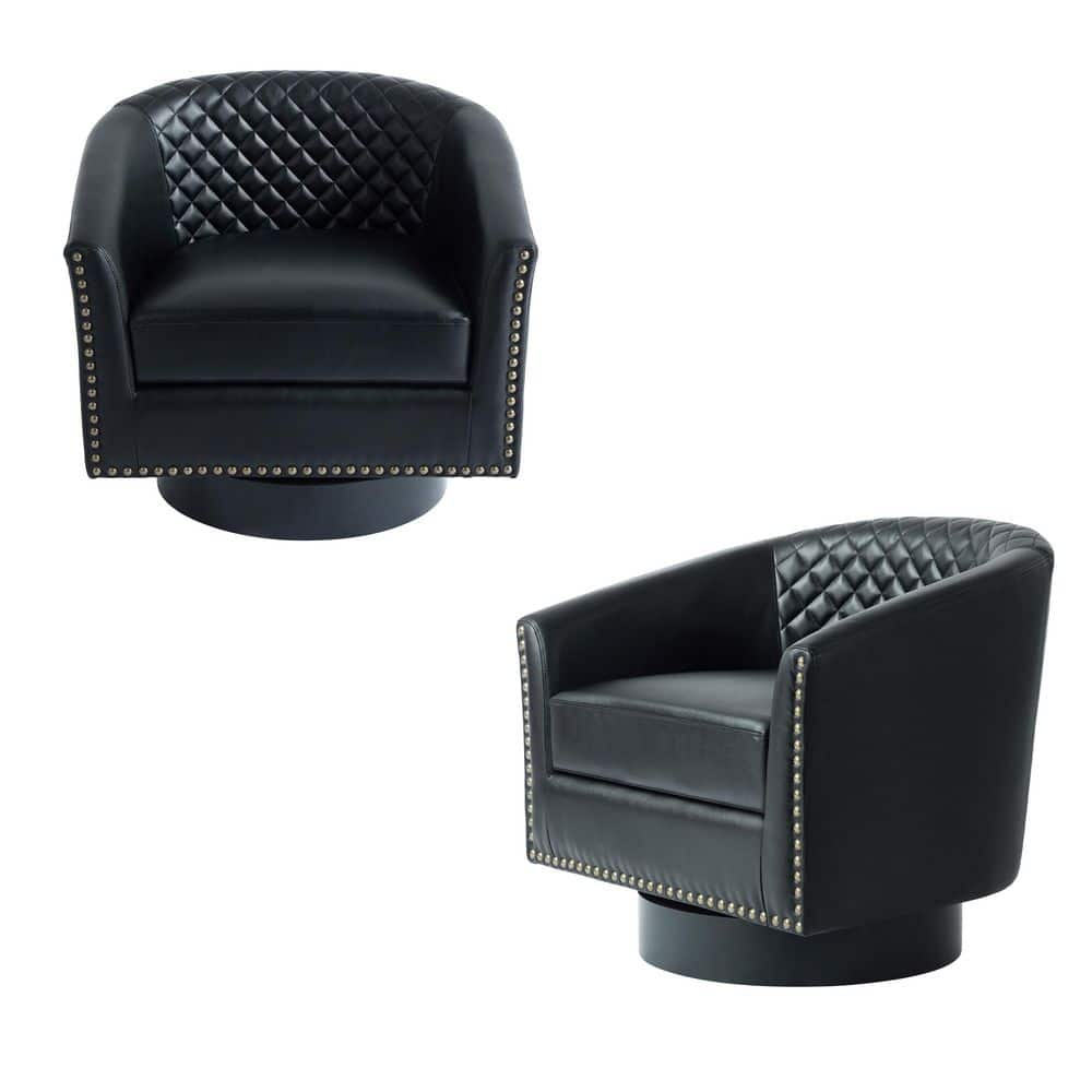 Uixe Mid-Century Black PU Leather 360° Swivel Accent Arm Chair