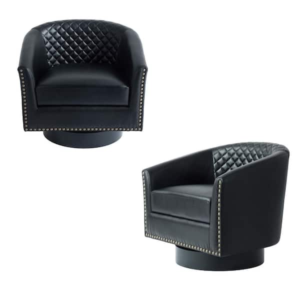 Mid-Century Black PU Leather 360° Swivel Accent Arm Chair with Nailhead Trim (Set of 2)