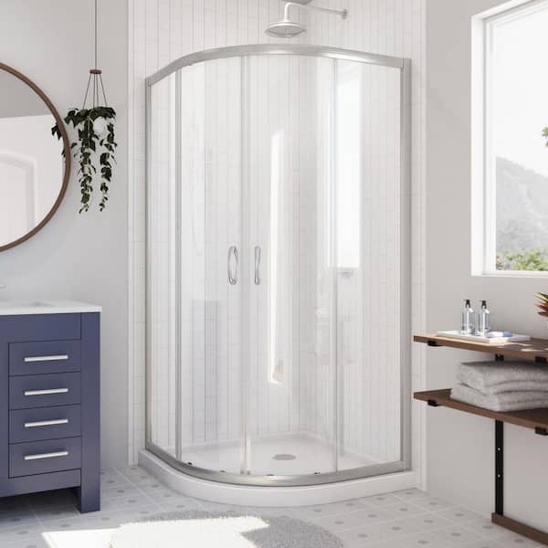 DreamLine Prime 38 in. x 74-3/4 in. Semi-Frameless Sliding Corner Shower Kit in Brushed Nickel with White Base