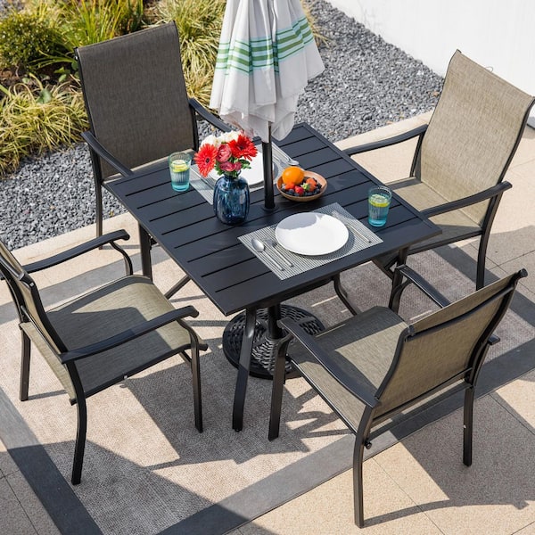 iwicker patio square steel dining table with umbrella hole Sophia & William 9pc Set for 8, Rattan Chairs Spacious Square Design HOMEFUN 5-Piece Wicker and Steel