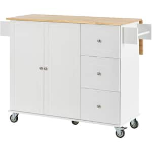 White Solid Wood 52.7 in. W Kitchen Island with 3 Drawers and Door Cabinet