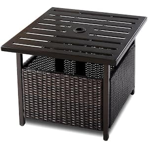 Steel PE Wicker Square Patio Small Side Table with Umbrella Hole and Storage Space