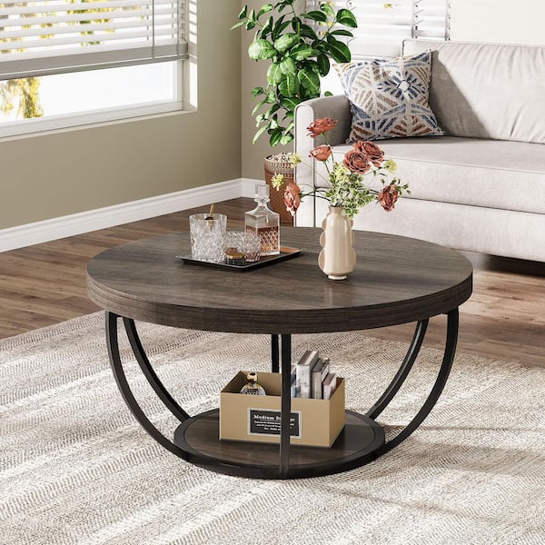BYBLIGHT Allan 31.7 in. Gray Round Wood Coffee Table with Storage Shelf, Industrial Center Table for Living Room