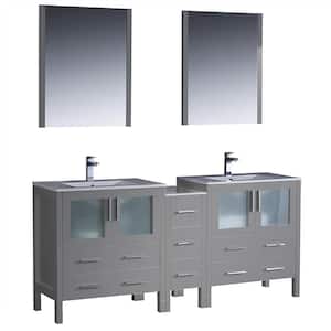 Torino 72 in. Double Bath Vanity in Gray with Ceramic Vanity Tops in White with White Basins, Middle Cabinet and Mirrors