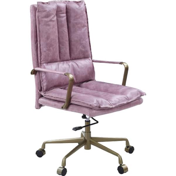 Benjara Pink Office Chair with Leather Seat and Tufted Details with Arms