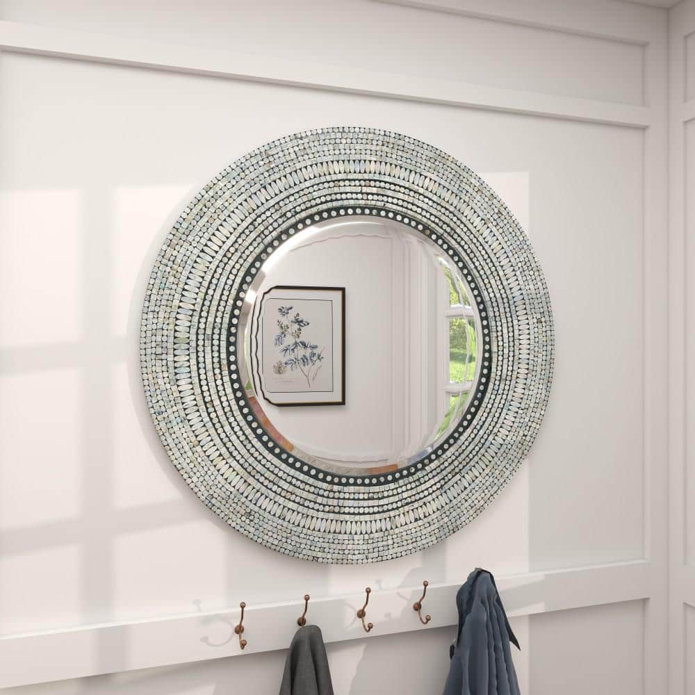Bohemian Coastal 39" Handcrafted Wood Shell Oval Mirror
