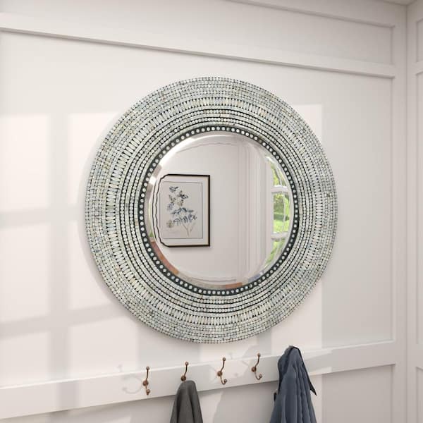 Litton Lane 39 in. x 39 in. Handmade Mosaic Round Framed Gray Wall 