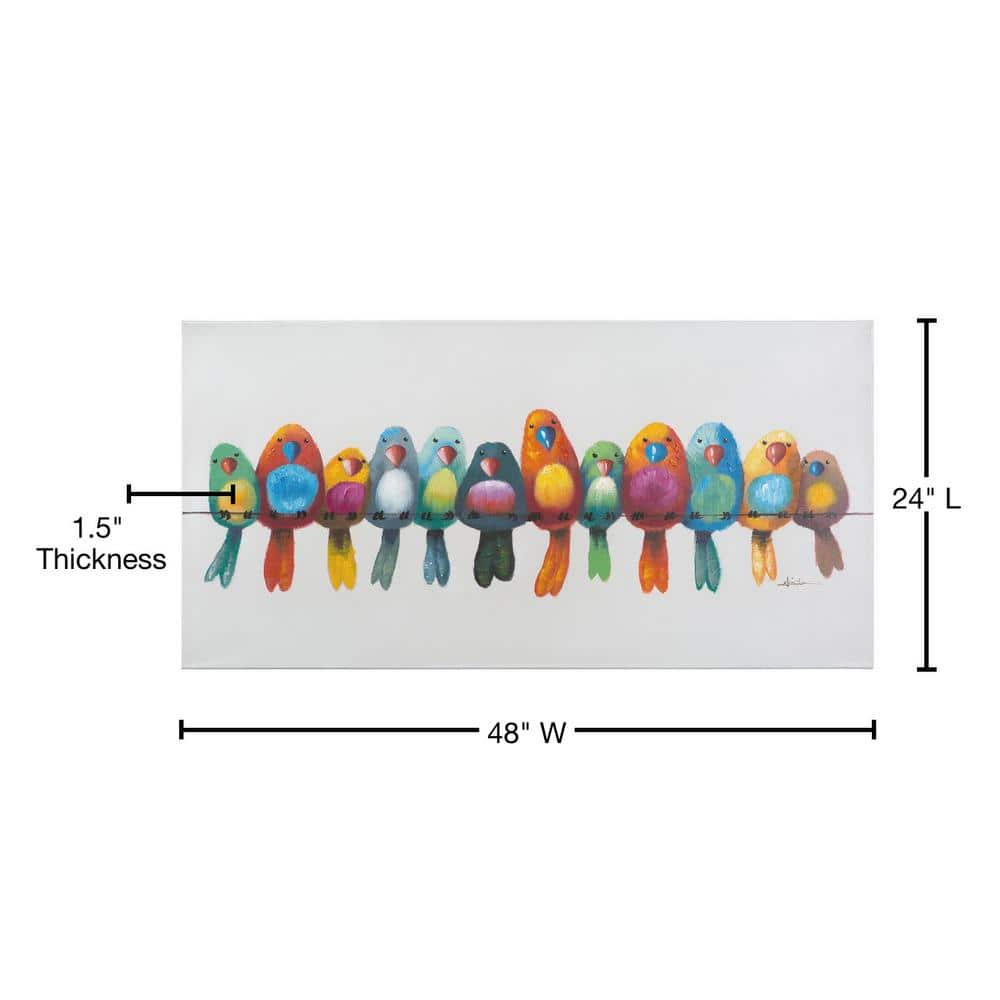 Colorful Birds on Wire Acrylic Canvas Painting, 24x48 inches