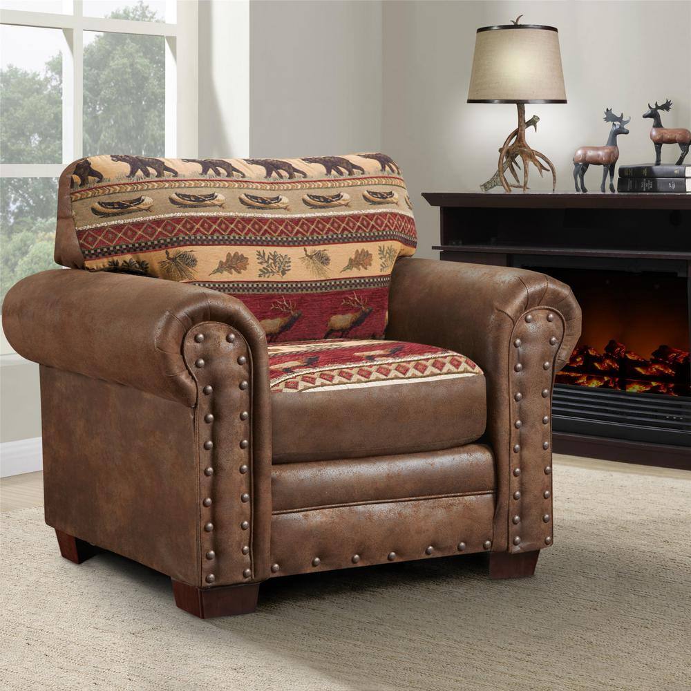Sierra Lodge Rustic Oak Wood Accent Chair with Elk and Bear Tapestry