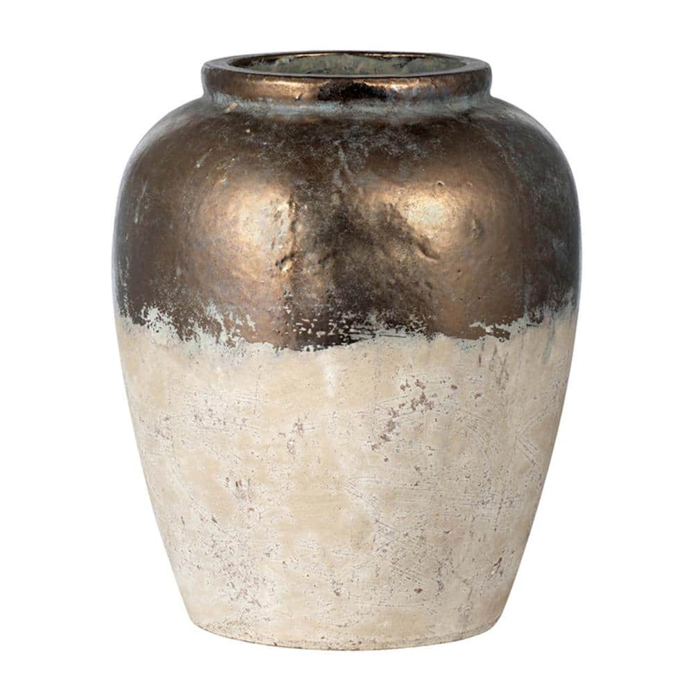 Candia 15.8'' Matte Beige and Metallic Copper Ceramic Vase