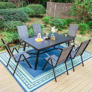 7-Piece Metal Outdoor Dining Set with Extensible Rectangular Geometric Pattern Table and Gray Folding Chairs