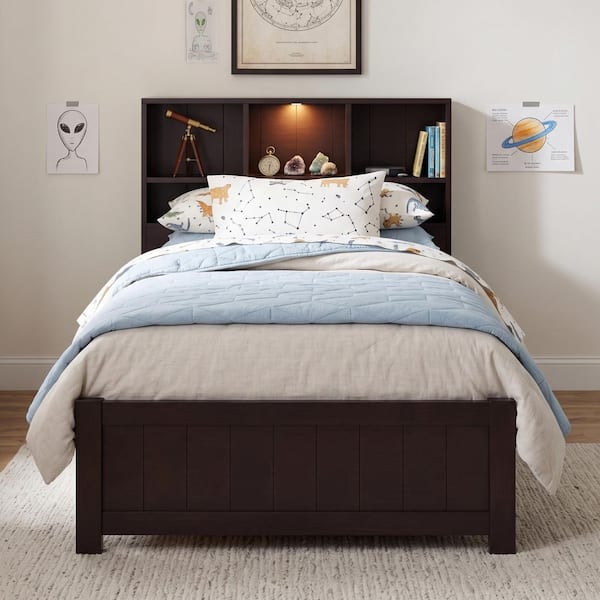 Brown Wood Frame Twin Platform Bed with Bookcase Headboard