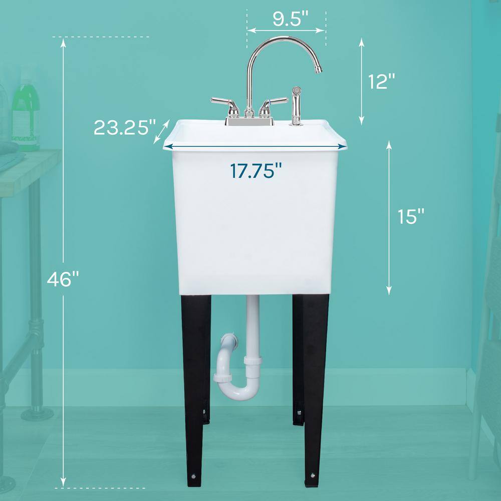 White Freestanding Utility Sink with Chrome Faucet and Sprayer