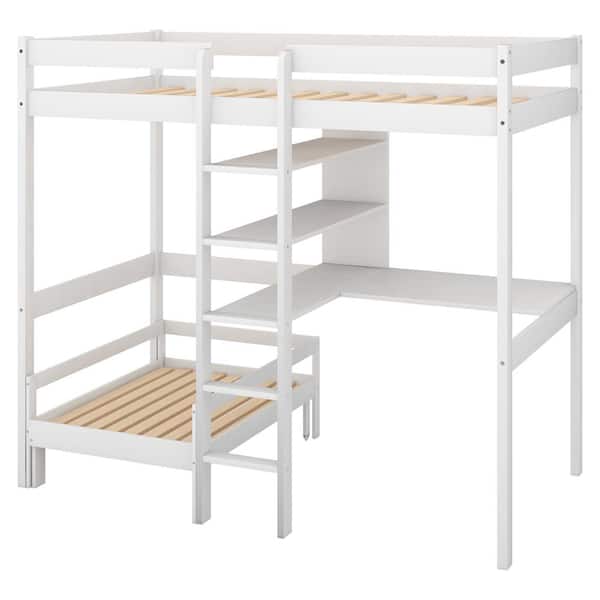 URTR White Twin Size Loft Bed with Desk, Bunk Bed with Desk and Bookshelf, Convertible Wood Loft Bed Frame for Kids Teens
