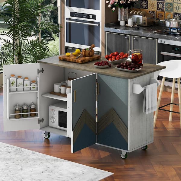 Harper & Bright Designs White MDF Kitchen Cart with Drop-Leaf Tabletop, Cabinet Door Internal Storage Racks, 4 Wheels, Mountain Peaks Design