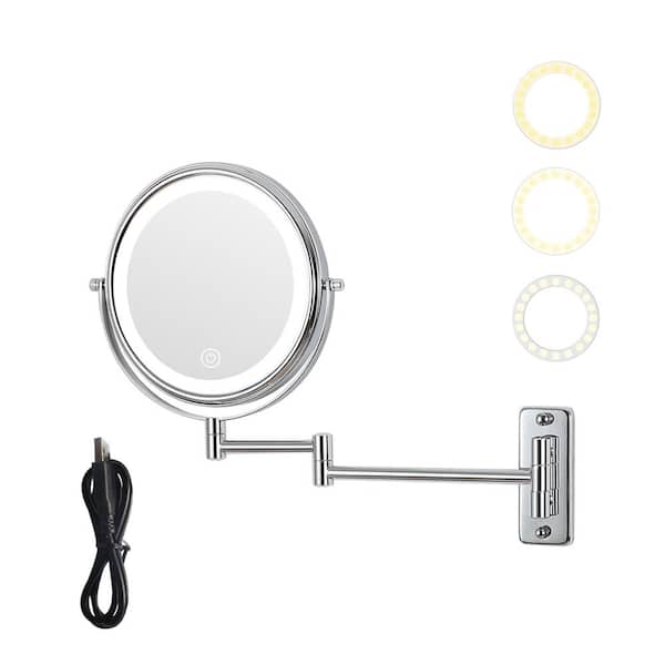 Flynama 8 in. W x 11.9 in. H 10x Magnification Round Metal Framed Wall Bathroom Vanity Mirror with LED Light in Chrome