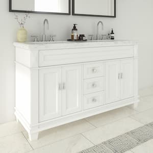 Dorian 60 in. W x 22 in. D x 35.63 in. H Double Sink Freestanding Bath Vanity in Matte White with Carrara Marble Top