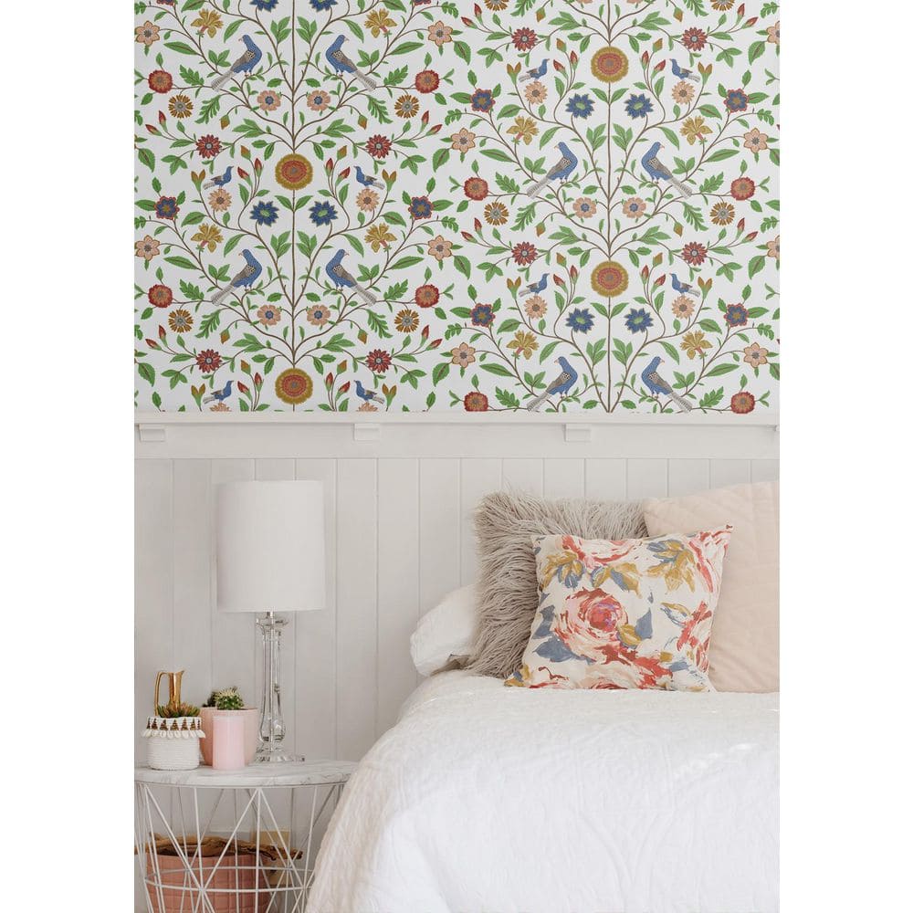 White and Multicolor Bird Toile Vinyl Peel and Stick Wallpaper Roll