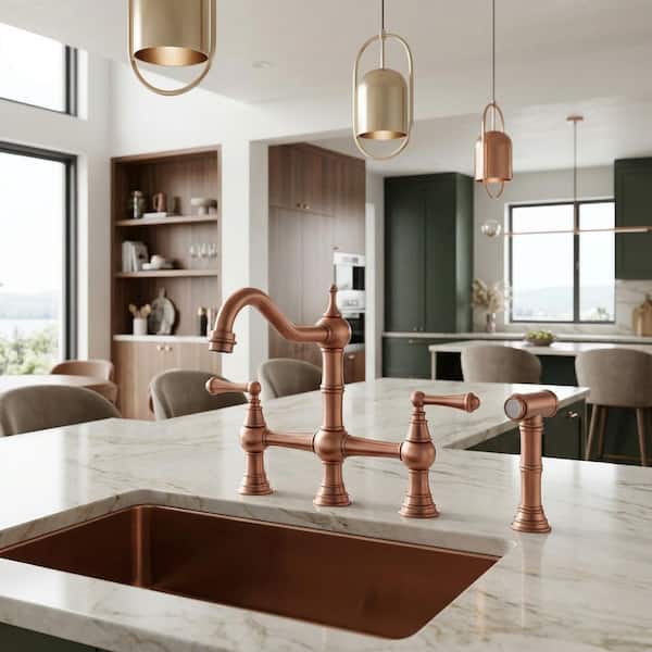 Vintage Double Handle Bridge Kitchen Faucet with Side Sprayer in Copper