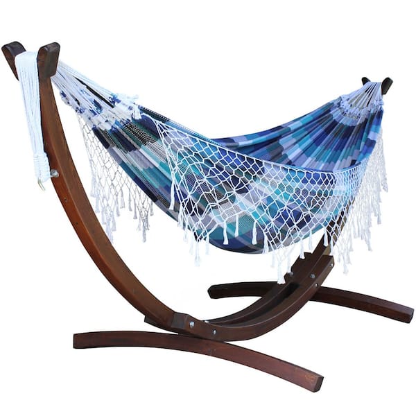 VIVERE 10 ft. Authentic Brazilian Cotton Hammock Bed with Solid Pine Arc Stand in Marina