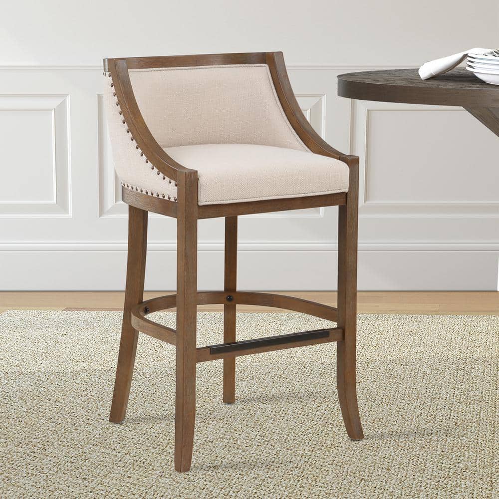 Michelle Transitional Beige Linen & Warm Brown Wood Bar Stool