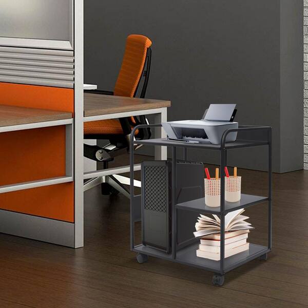 YIYIBYUS 3-Shelf Iron Frame Wood 4-Wheeled Under Desk Printer