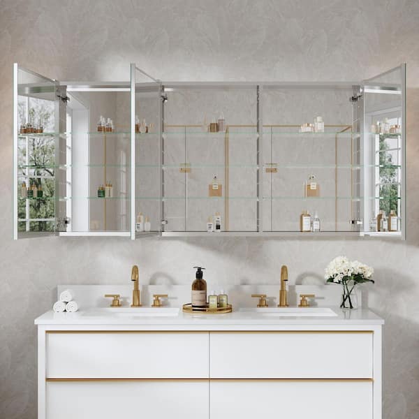 ROSA 60 in. W x 30 in. H Rectangular Aluminum Tri-View Medicine Cabinet with Mirror, Blum Hinge, Adjustable Shelves