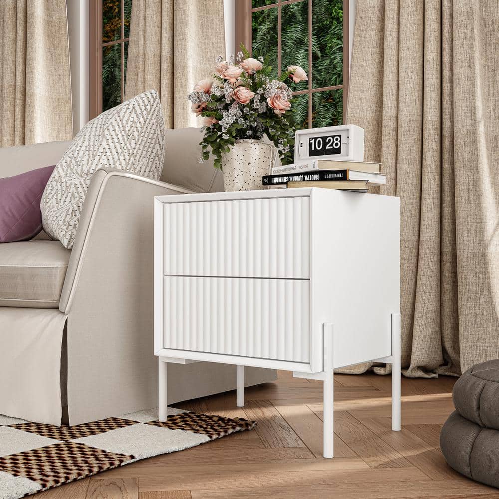 FUFU&GAGA White 2 Drawers 17.3 in. Width Nightstand, End Table with Wave  Shaped Vertical Stripe Decorative Surface L-THD-200217-01 - The Home Depot