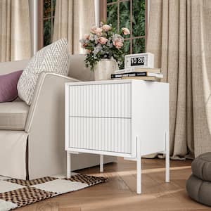 White 2 Drawers 17.3 in. Width Nightstand, End Table with Wave Shaped Vertical Stripe Decorative Surface