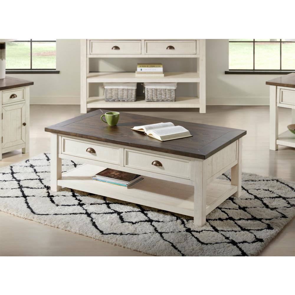 Monterey 50" Cream White and Brown Pine Coffee Table with Storage