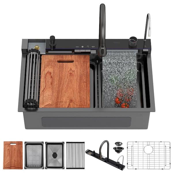 30 in. Drop-in Single Bowl 16-Gauge Gunmetal Black Stainless Steel Workstation Waterfall Kitchen Sink with Faucet Combo